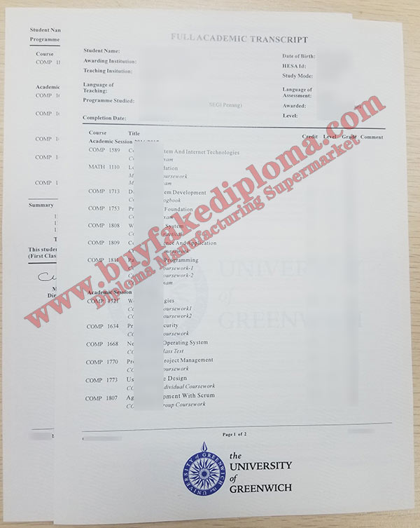fake University of Greenwich Transcript sample