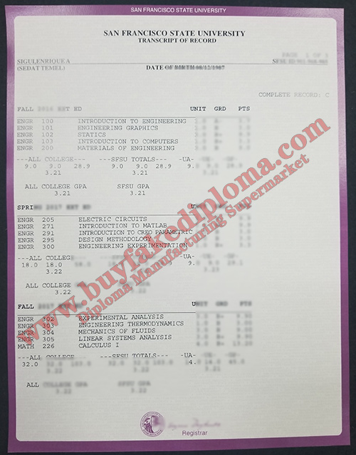 fake San Francisco State University Transcsipt