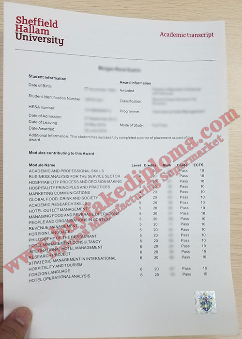 SHU Transcript certificate sample