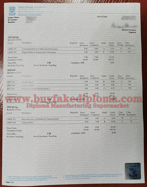 Simon Fraser University (SFU) Transcript Certificate