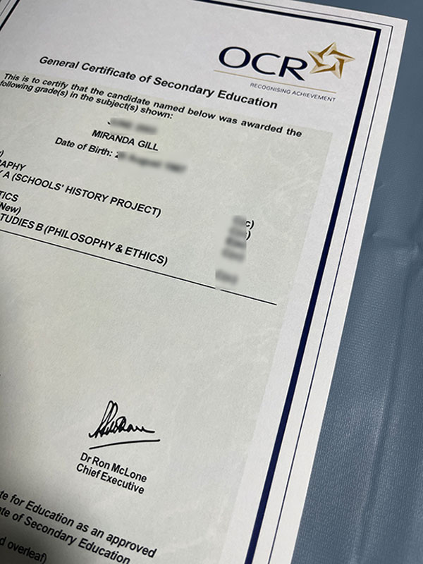 GCSE OCR certificate Samples
