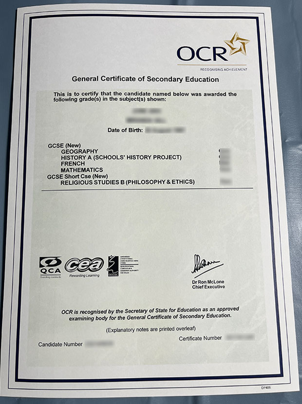 GCSE OCR certificate Sample