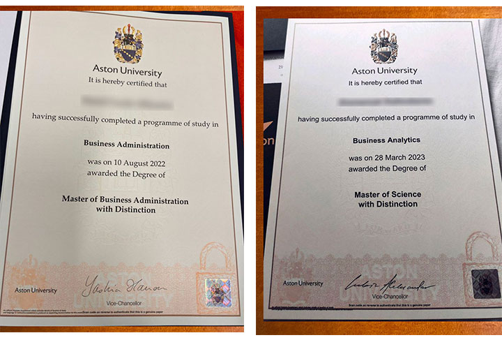 Sample of Aston University degree certificate