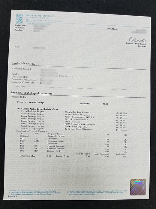SFU transcript Sample