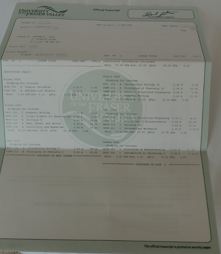 SFU transcript Sample