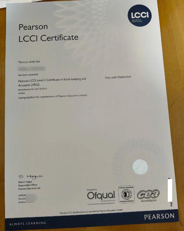 LCCI certificate Sample