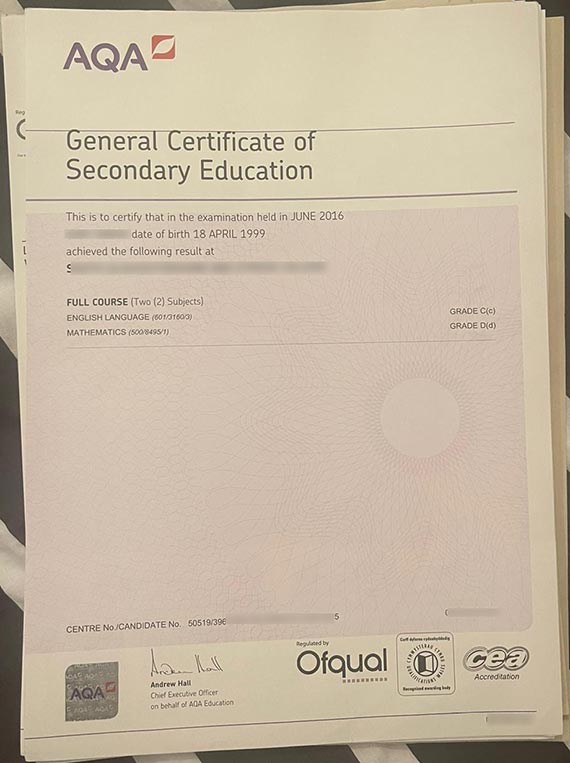 Sample of AQA GCSE Certificate from 2016