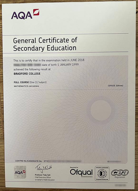 Sample of AQA GCSE Certificate from 2018