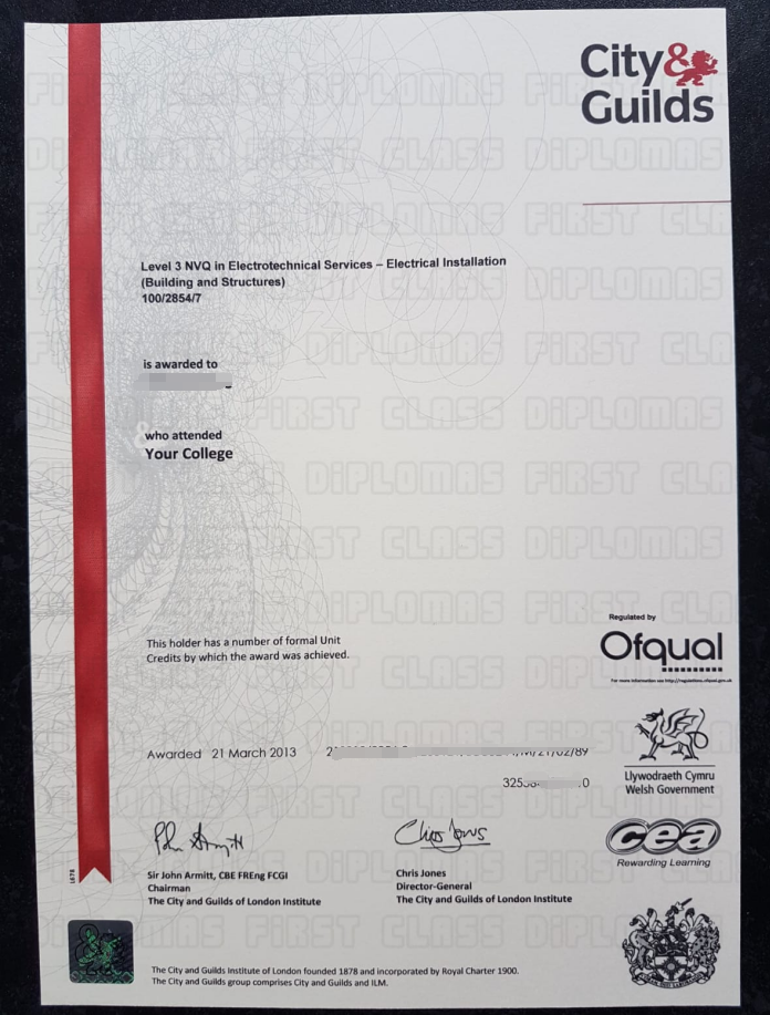 Sample of Level 3 Electrical Installation Certificate for City and Guilds