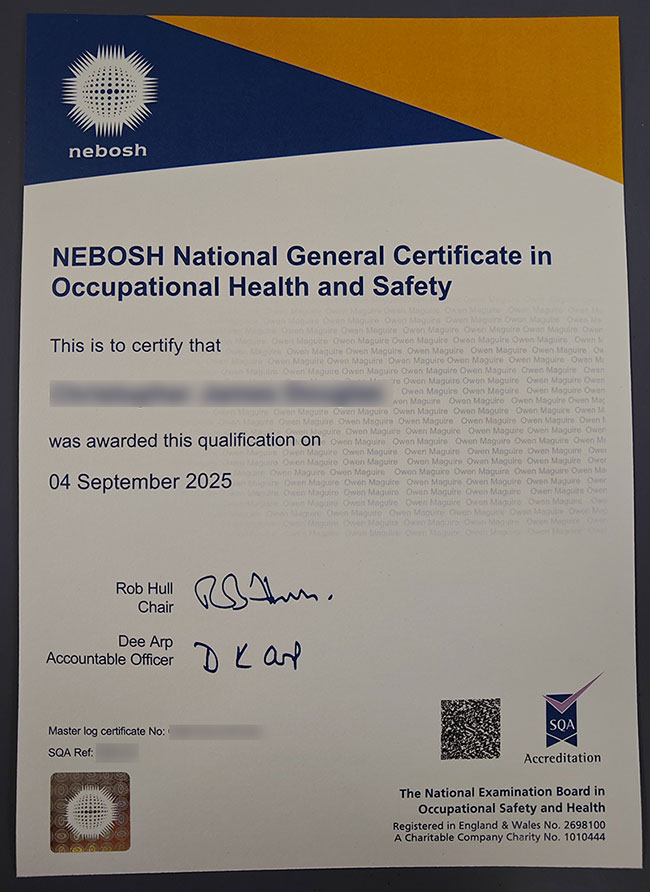 Sample of NEBOSH Certificate for 2025