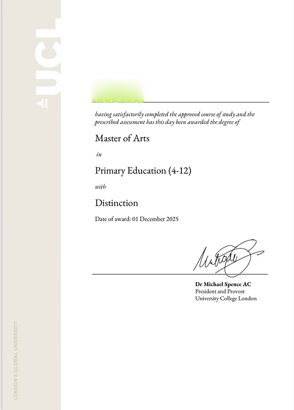 2025 UCL Degree Certificate Sample